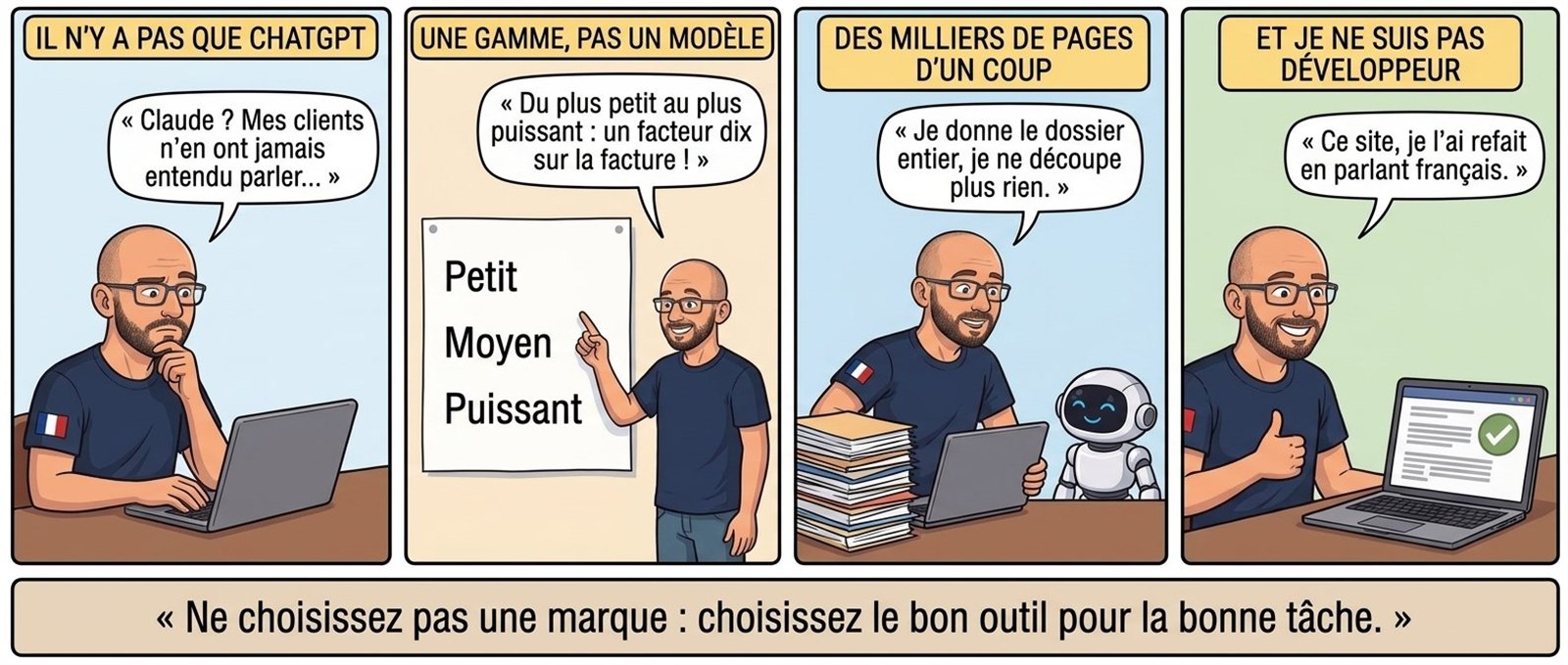 Bande dessinée en quatre cases : Emmanuel Derrien constate que ses clients ne connaissent pas Claude, explique qu'il s'agit d'une gamme de modèles allant du plus petit au plus puissant avec un facteur dix sur la facture, montre qu'il peut confier un dossier entier sans le découper, et rappelle qu'il a refait son site en parlant français sans être développeur.