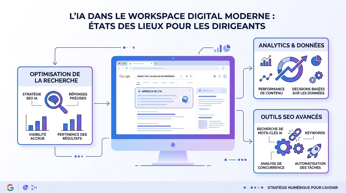 Infographie : l'arrivée des AI Overviews de Google en France et leurs effets sur le référencement des entreprises.